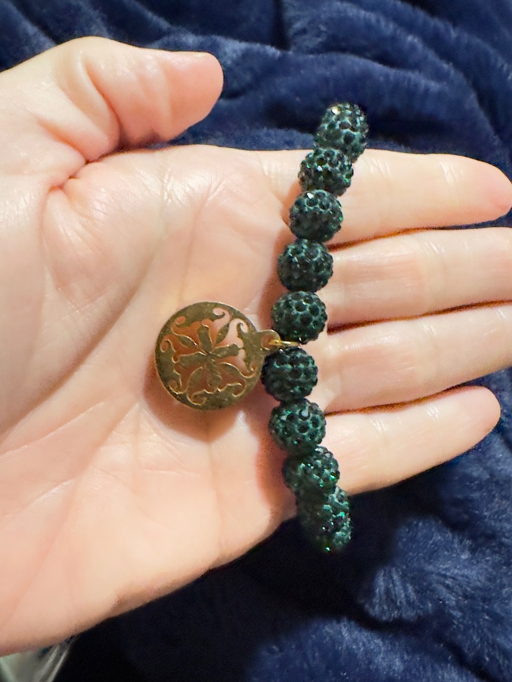Rustic Cuff Green Pave Bead Bracelet with Gold Medallion